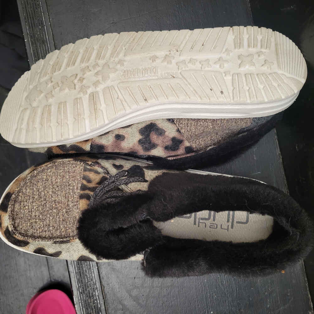 Hey Dude Women's Leopard Print Slip-Ons with Black Fur Collar